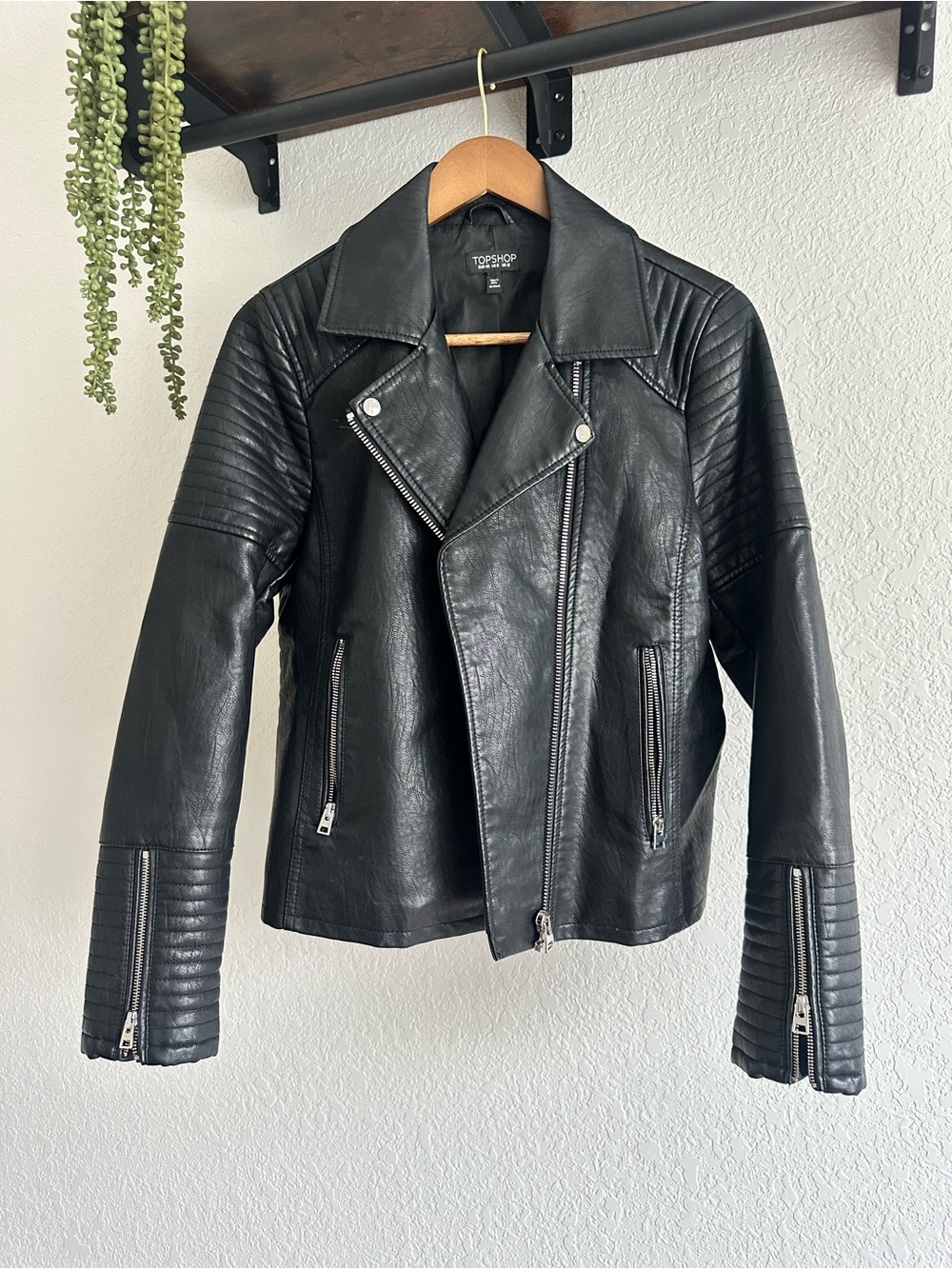 Topshop Black Faux Leather Moto Jacket US 8 Quilted Biker Jacket Motorcycle Coat